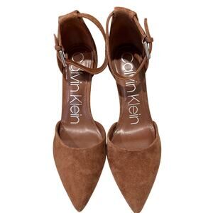 Calvin Klein Stiletto Heel, Pointed Toe, Adjustable Ankle Strap, Brown Sued, 8